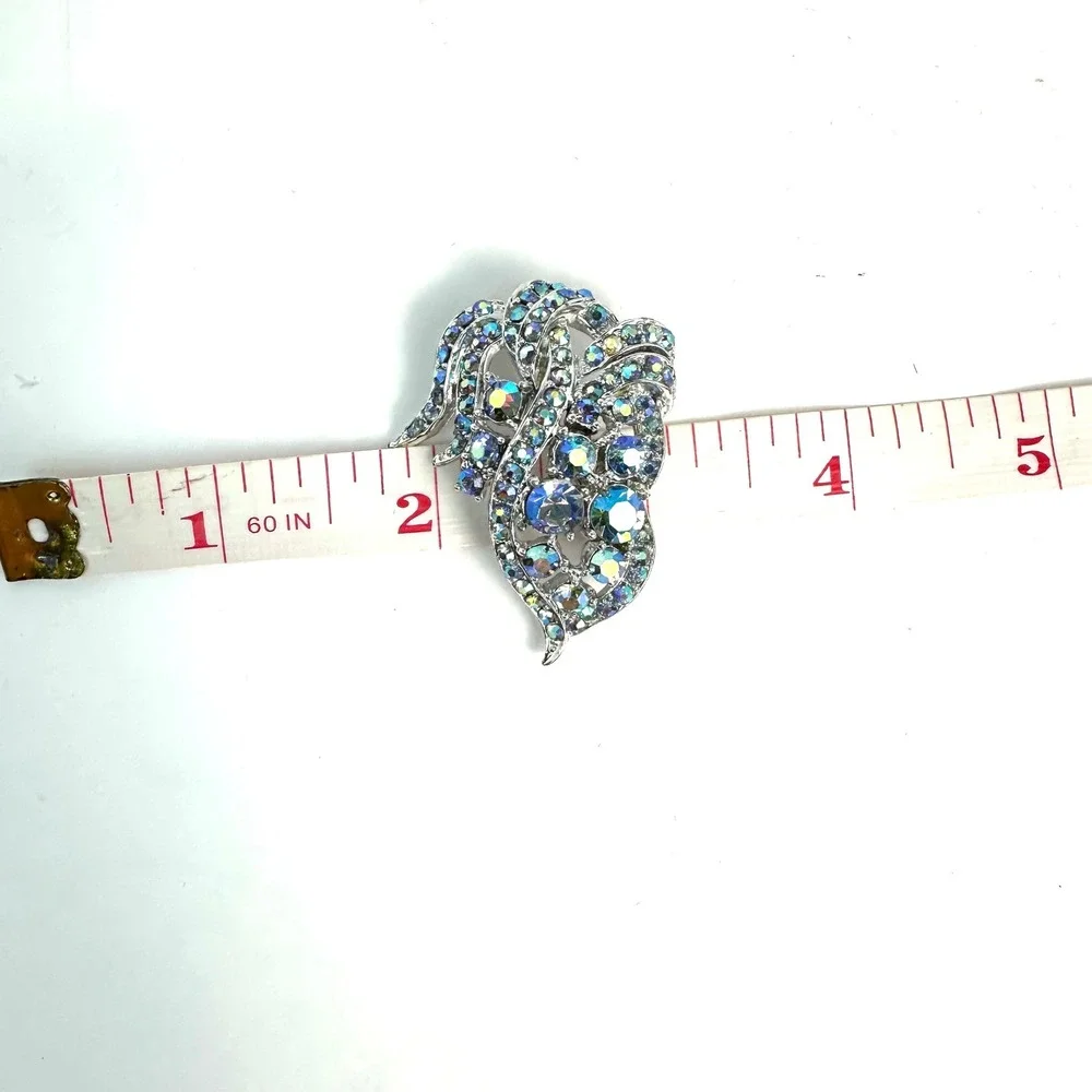 Vintage Silver Tone Aurora Borealis Rhinestone Swirl Leaf Statement Brooch Pin
